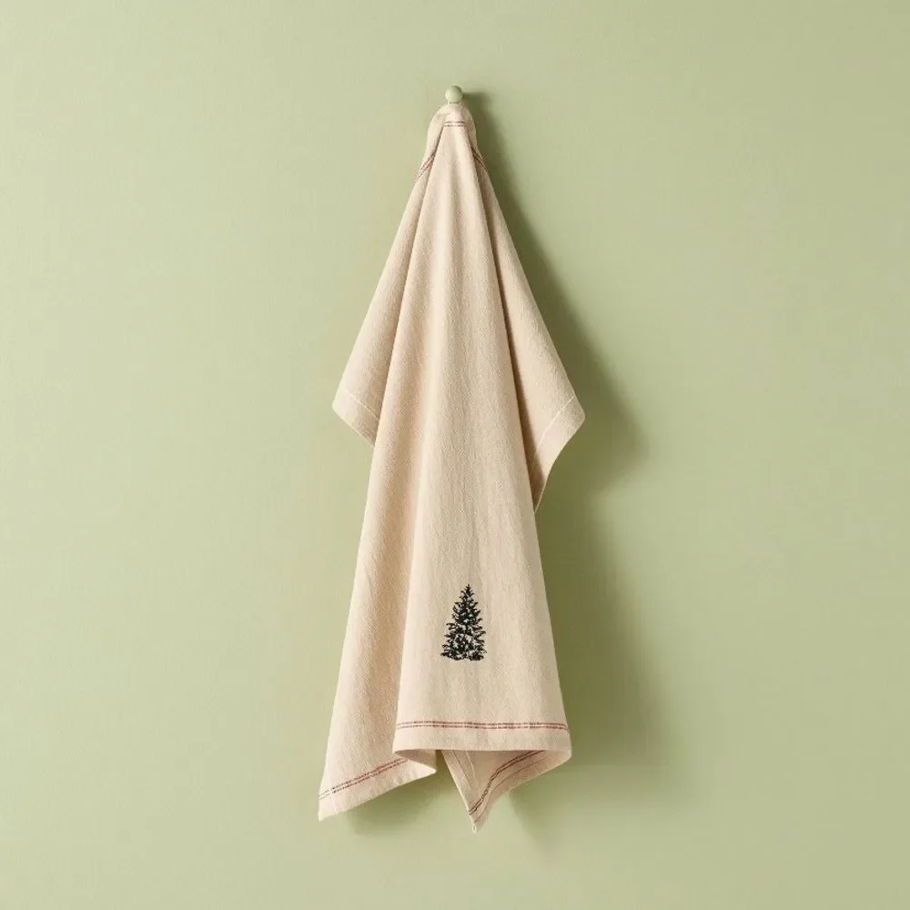 Hearth & Hand Embroidered Tree Design with Red stitched edging Kitchen Towel
